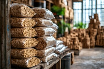 A detailed view of neatly stacked bags of wood pellets in a storage facility, showcasing the organized storage of biomass fuel for various applications.
