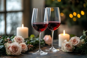 Two wine glasses with red wine placed on a table surrounded by candles and roses.