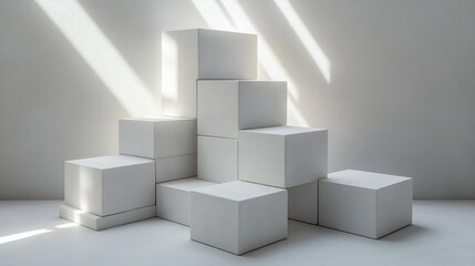 Fototapeta premium White cubes arranged in steps, illuminated by sunlight against a white wall.