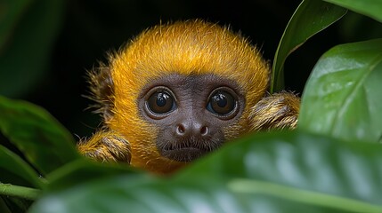Fototapeta premium Golden Lion Tamarin baby peering rainforest leaves