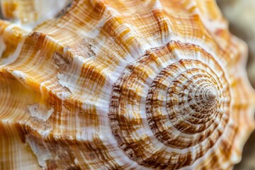 This close-up of a seashell reveals stunning texture patterns and a blend of warm colors, emphasizing the intricate beauty of nature's design in marine life.