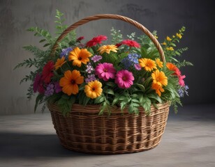 Woven basket filled with lush greenery and colorful flowers,  floral,  earthy,  foliage