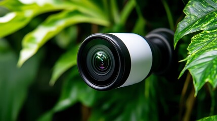 Camera lens mounted on lush green foliage, showcasing nature's beauty and technology's blend