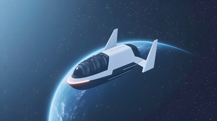 Futuristic spaceship orbiting Earth.