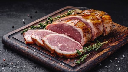 Roasted pork tenderloin slices served on a wooden board with fresh thyme and caramelized onions for a gourmet dining experience