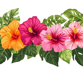 Obraz premium Tropical hibiscus flowers in vibrant pink and orange colors with lush green leaves.