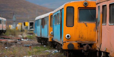 Obraz premium Derelict Railway Carriages in an Overgrown Area