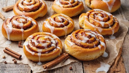 Sweet cinnamon buns with swirls of icing arranged on rustic wood, showcasing a warm and inviting baked treat for breakfast or dessert