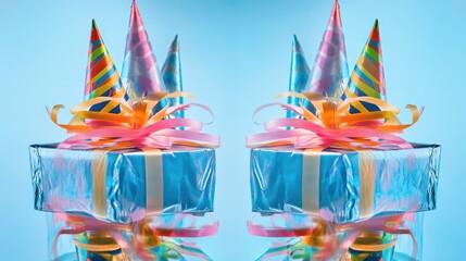 Festive Birthday Surprise: A Pair of Gift Boxes Adorned with Colorful Party Hats and Ribbons