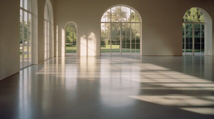 Fototapeta premium A serene, empty room with polished floors and arched windows allowing sunlight to pour in, overlooking a tranquil garden outside.