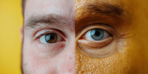 Close-up of a Face with One Side Coated in Gold Pigment