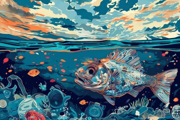 Vibrant ocean split view with fish and marine life under a dramatic sky