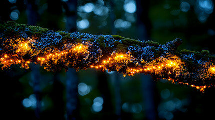 Glowing fairy lights strung along a moss-covered branch at dusk.