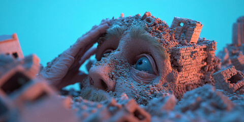 Partially Buried Face in Rubble and Ruin Fragments