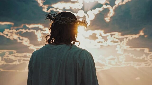 Seamless Loop Of Jesus Christ With Crown Of Thorns Against Dramatic Sky, Religious Christianity Concept Video 4K