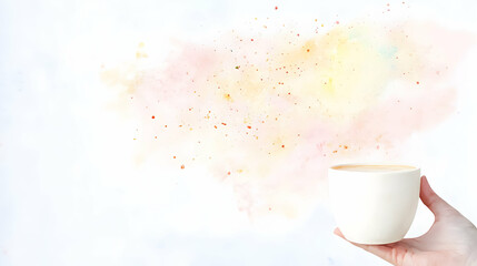 Hand holding a white cup with colorful steam.