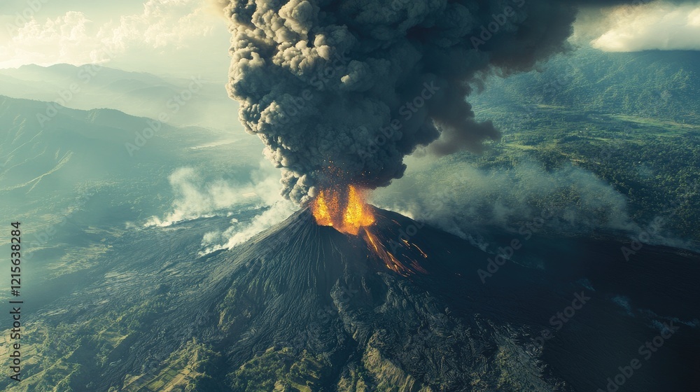 Poster aerial view of a volcano exploding, with molten lava pouring down the slopes and an enormous plume o