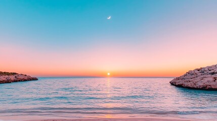 Naklejka premium Peaceful sunset over ocean rocks, calm beach scene, idyllic vacation