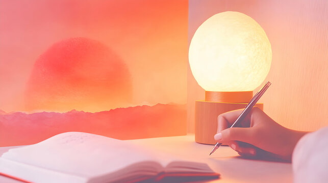 Hand writing in journal under soft lamplight, sunset backdrop.
