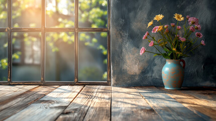 Fototapeta premium rustic flower vase by a sunlit window evoking warmth and serenity for cozy home decor and storytelling visuals. Copy space