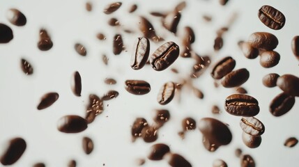Obraz premium A cascade of coffee beans falling from the top of the frame, creating a lively scene with a pure white backdrop.