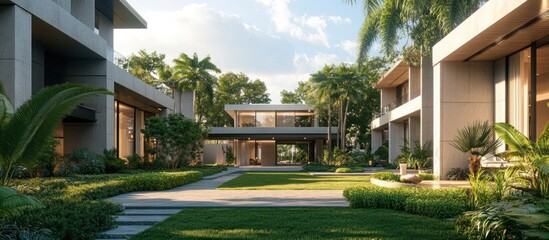 Obraz premium Modern Oasis: Stunning Residential Exterior Design with Impeccable Landscaping, Sleek Lines, and Lush Greenery. Perfect for Home Design & Architectural Publications, Real Estate & Home Design Ads.