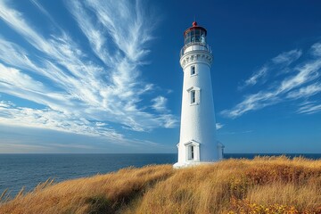 Seashore Lighthouse Against a Blue Sky Offering a Tranquil View