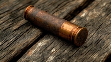 Rusty cartridge on weathered wood, outdoor setting, history