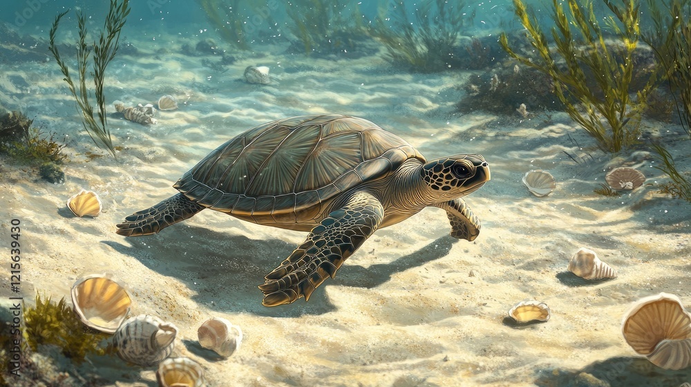 Aufkleber an elegant image of a sea turtle moving slowly across a sandy seabed, surrounded by a few scattered 