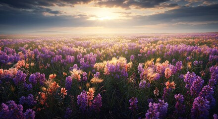A glowing meadow filled with flowers that change color as the wind blows