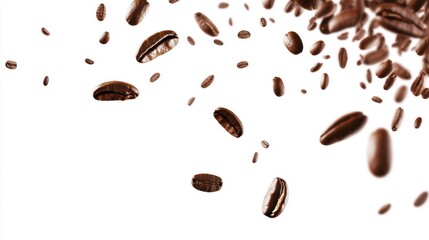 Coffee beans falling in a scattered pattern across a white surface, creating a clean, modern aesthetic.