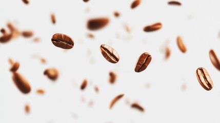 Coffee beans falling in a scattered pattern across a white surface, creating a clean, modern aesthetic.