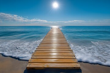 Sunlit pier extending into the calm sea with clear skies and gentle waves.