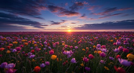A glowing meadow filled with flowers that change color as the wind blows