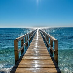 Sunlit pier extending into the calm sea with clear skies and gentle waves.