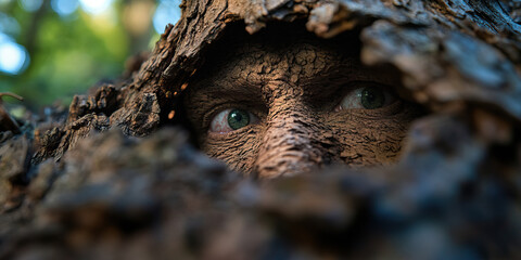 Fototapeta premium Human Face Partially Concealed by Tree Bark