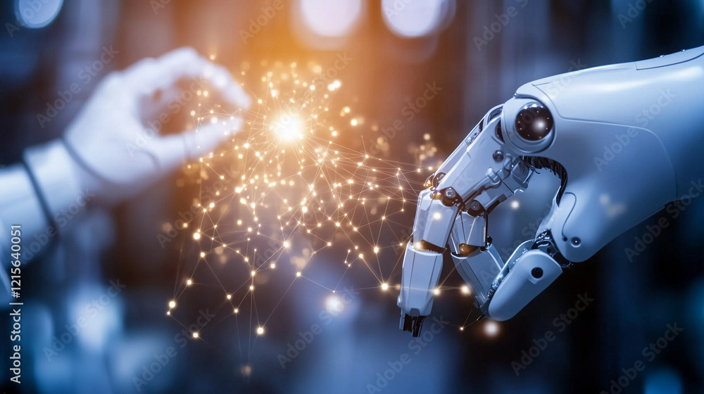Poster industry 4.0 robotic arms in a smart digital factory: advanced robotic arms executing automated manu