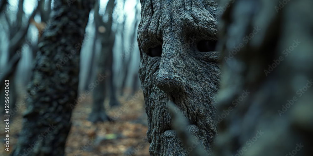 Poster tree trunk with face-like texture in forest setting