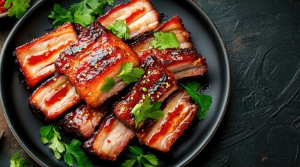An elegant plate featuring crispy pork belly slices, garnished with fresh herbs and a drizzle of sweet chili sauce, presented against a rustic background to highlight the dish's appeal.