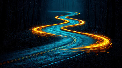 Winding Road Through Dark Forest at Night: A Journey of Lights and Shadows