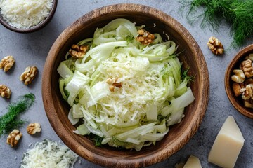 A close-up of a delicious fennel salad featuring finely grated cheese and crunchy walnuts, perfectly combined for a light and healthy dish that is visually satisfying.