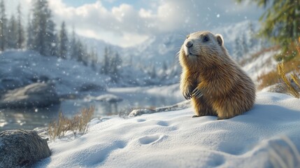 Obraz premium A groundhog peeking out of its burrow on Groundhog Day, gazing at the sky, creating an atmosphere of winter celebration and folk tradition