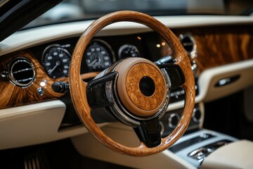 An exquisite display of a premium car interior featuring a wooden steering wheel and high-end control panel, epitomizing luxury, sophistication, and automotive craftsmanship.