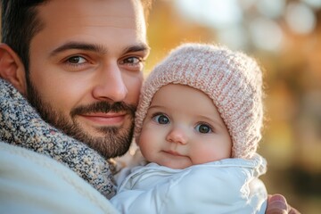 Obraz premium A heartwarming scene of a father holding his baby in his arms, both smiling warmly at the camera amidst a beautiful natural background lit by golden sunlight.
