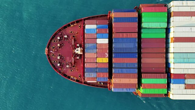 Cargo container Ship, cargo vessel ship carrying container and running for import export concept technology freight shipping sea freight by Express Ship. top view	
