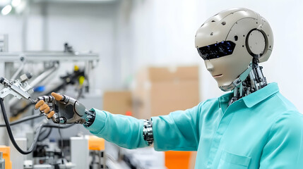 Humanoid robot operating machinery in a factory.