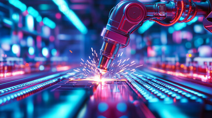 Fototapeta premium Automated Welding Process with Robotic Arm A futuristic factory environment showcasing a robotic arm executing a welding task on a metal assembly line, emphasizing efficiency and
