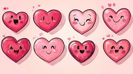 Groovy lovely big set hearts stickers. Love concept. Happy Valentine's Day. Funky happy heart character in trendy retro 60s 70s cartoon style. Vector illustration in pink red colors