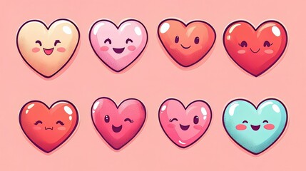 Groovy lovely big set hearts stickers. Love concept. Happy Valentine's Day. Funky happy heart character in trendy retro 60s 70s cartoon style. Vector illustration in pink red colors
