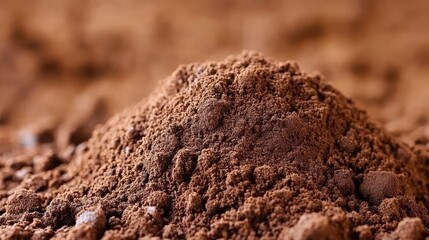 Close-up of a mound of rich brown soil with a blurred background of earthy tones, showcasing texture